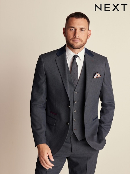 Navy Blue Regular Fit Trimmed Textured Suit Jacket (180936) | AED183