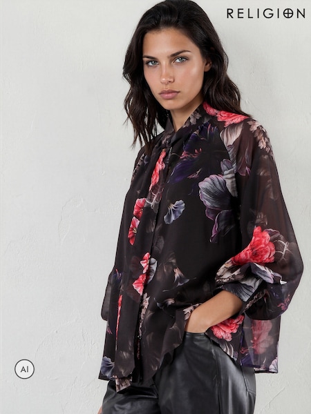 Svart - Religion Liv Hög Hals Button-thru Blus Med Tie Sash