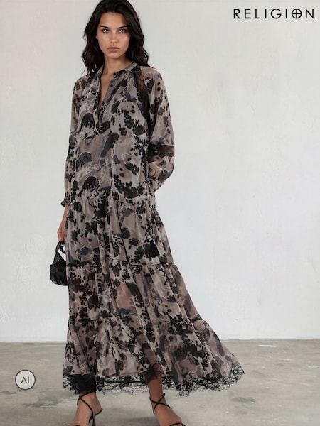 White - Religion Eva Tiered Maxi Dress With Lace Insert And Tie Waist