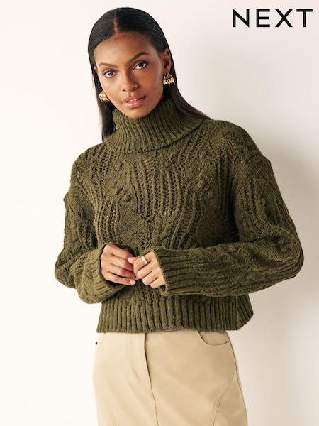 Khaki Green Crochet Open Stitch Roll Neck Jumper (181190) | € 13
