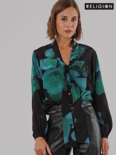 Green - Religion Evie Blouse In Large Floral Fire Print With Sash Tie Blouses