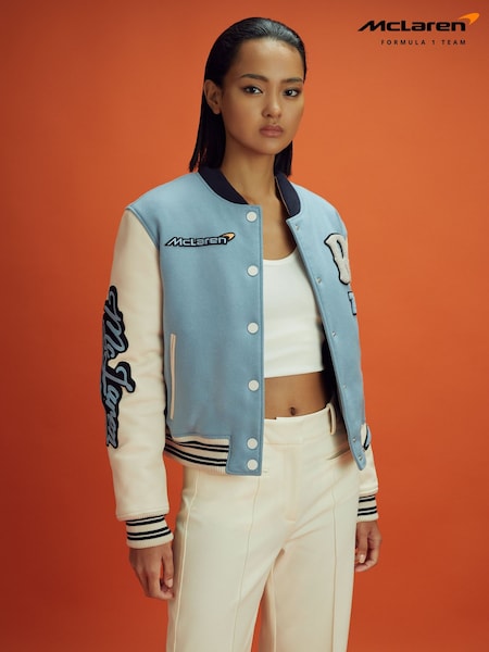Reiss x McLaren F1 Team Soft Blue/Ecru McLaren F1 Leather Varsity Jacket (181775) | €1,519