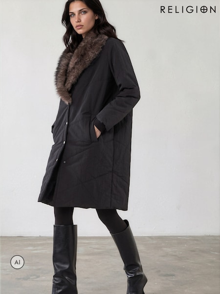 Қара - Religion Single Breasted Padded Cover Coat With Contrast Faux Fur Collar