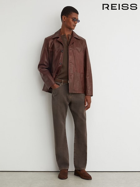 Grape Brown - Regular Reiss Hendrix Yarn-dyed Relaxed Straight-leg Jeans