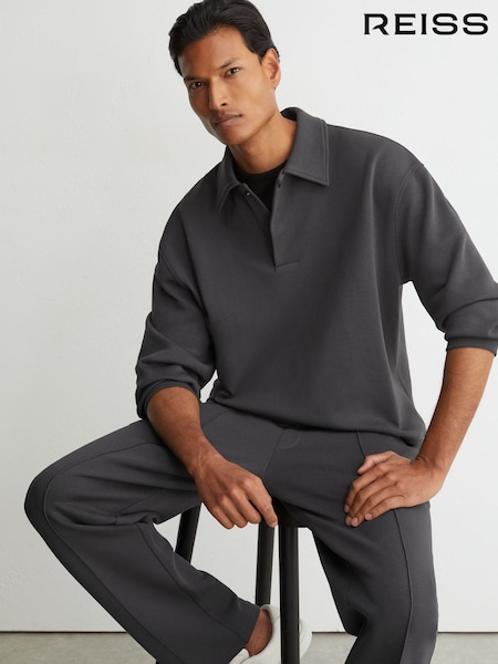 Charcoal Grey - Regular Reiss Brooks Sueded Interlock Jersey Relaxed Polo Sweatshirt