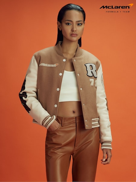 Reiss x McLaren F1 Team Camel/Ecru McLaren F1 Leather Varsity Jacket (181851) | €1,425