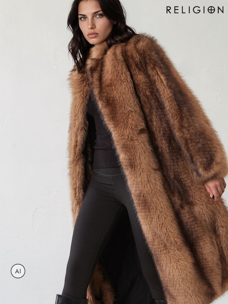 Brown - Religion Long Meryl Fox Fur Maxi Coat