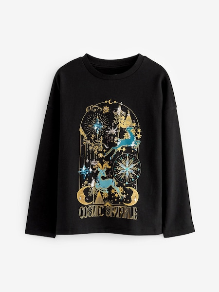 Black/Gold Cosmic Reindeer Sequin Christmas Long Sleeve T-Shirt (3-16yrs) (181866) | €5 - €8