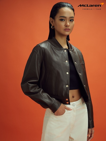 Reiss x McLaren F1 Team Chocolate Cropped Leather Bomber Jacket (181868) | €712