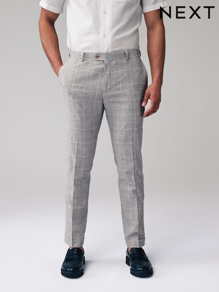 Grey Slim Fit Check Linen Suit: Trousers (182035) | € 15