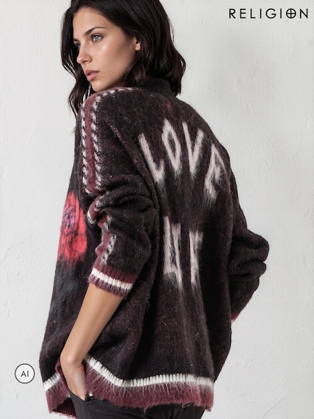 Black - Religion Love Life Slogan Rebel Cardigan With Jacquard Roses