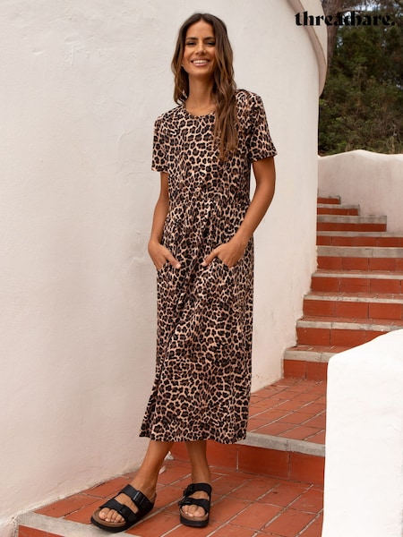 Threadbare Brown 100% Cotton Leopard Print Smock Style Midi Dress (182229) | €19