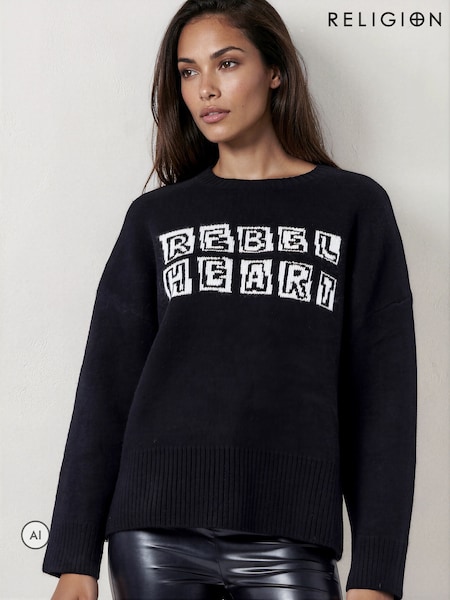 Black - Religion Maddie Jumper With Rebel Heart Slogan