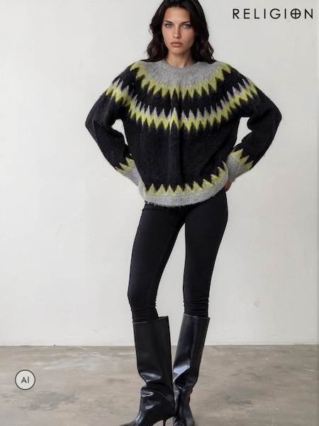 Amarillo - Suéter extragrande de estilo nórdico con estampado Fair Isle de la marca Religion
