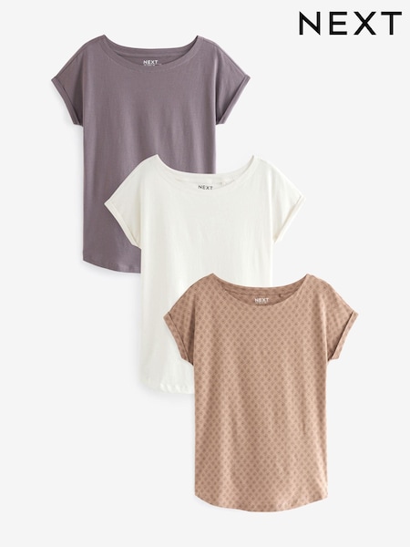 White Ecru/Grey/Brown Print 100% Cotton Cap Sleeve T-Shirts 3 Pack (182709) | AED51