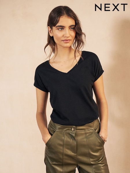 Black Shallow V-Neck 100% Cotton Rich Cap Sleeve T-Shirt (182719) | AED21