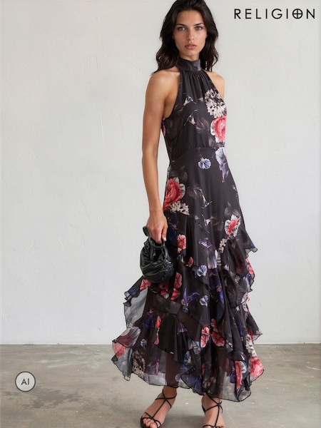 Red Floral - Religion Taylor Maxi Dress With Full Ruffle Skirt