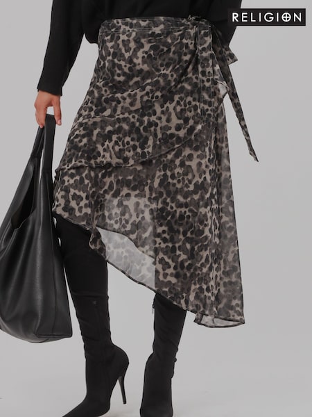 Animal Leopard Print - Religion Stage Midi Wrap Assymetric Skirt