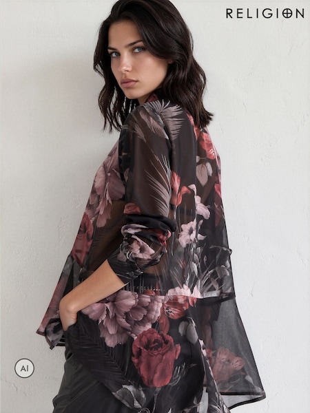 Black - Religion Iona Peplum Shirt In Floral Print