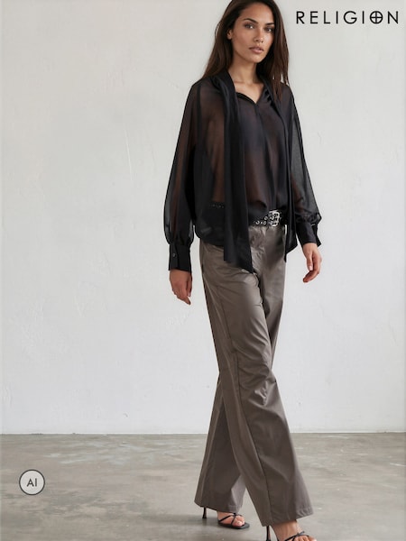 Grey - Religion Straight Leg 5 Pocket Faux Leather Jane Trousers