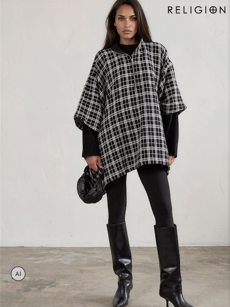 Itim - Religion Oversized Cosmos Poncho With Funnel Collar In Monochrome Check