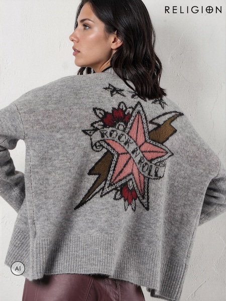 Grå - Religion Forever-cardigan med stjerne-rock-n-roll-jacquard