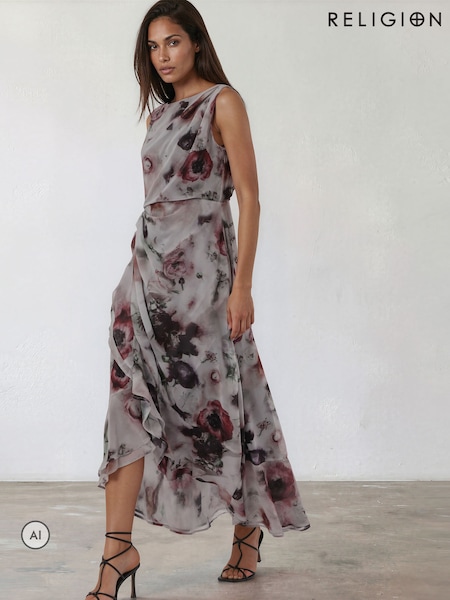 Grey - Religion Sleeveless Seren Maxi Dress With Draped Ruffled Full Skirt Print