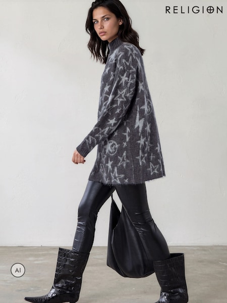 Grå - Religion Oversized Star Jacquard Burnt Knitted Starlight Dress With Zip Funnel Neck