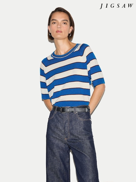 Blue - Jigsaw Striped Merino Raglan T-shirt