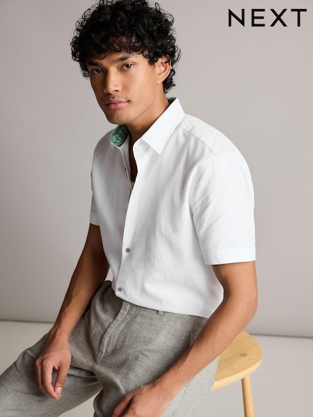 White Regular Fit Trimmed Linen Blend Short Sleeve Shirt (183913) | AED74