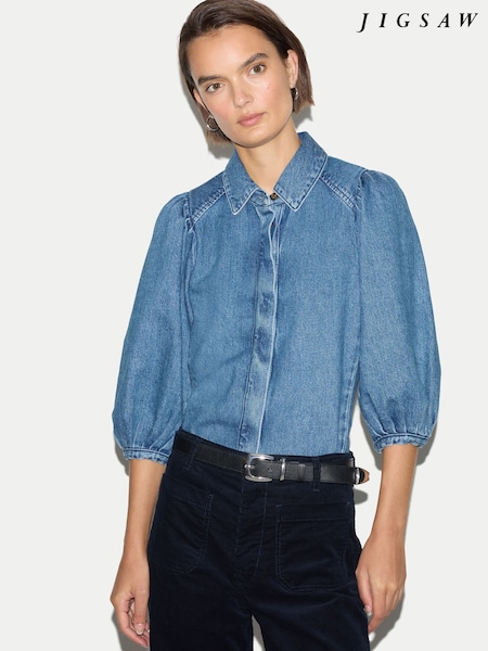 Blue - Jigsaw Puff Sleeve Denim Shirt