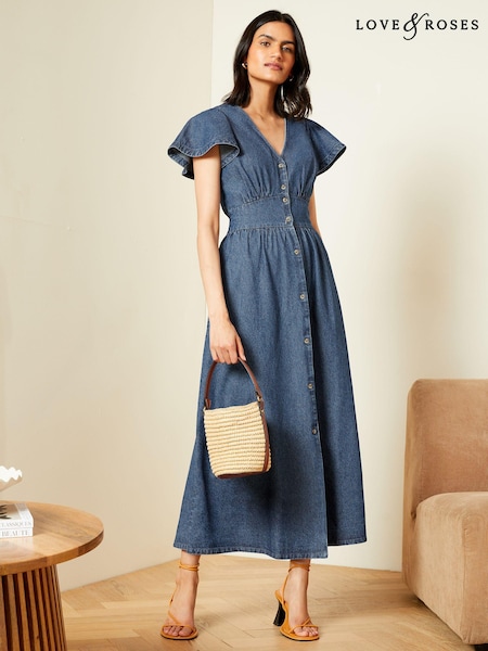 Love & Roses Denim Flutter Sleeve Button Through Dress (184208) | 38 €
