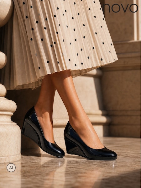 Black - Novo Iris Round Toe Mid Wedge Court Shoes