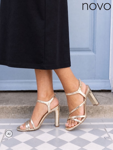Gold - Novo Molly Strappy Slim Block High Heel Sandals