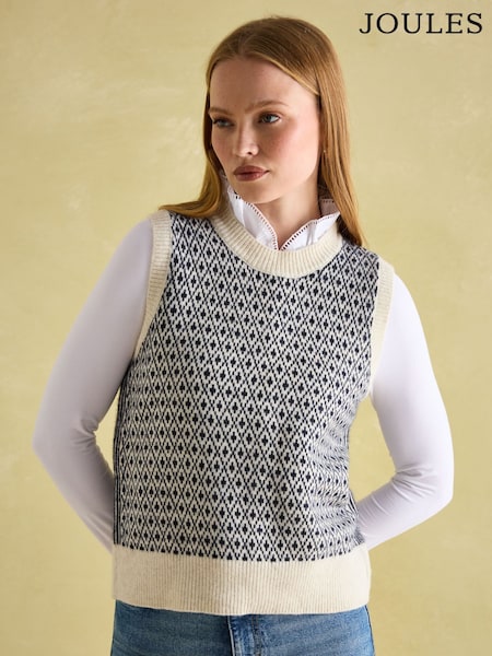 Joules Ingrid Cream/Navy Patterned Knitted Vest (184845) | R$ 545
