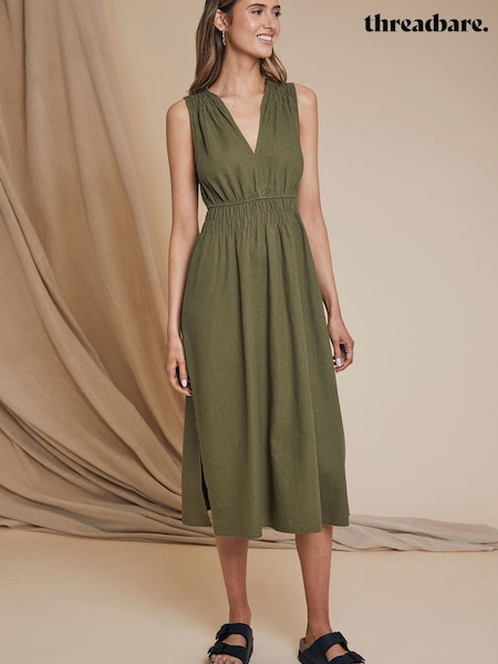 Threadbare Green Linen Blend Ruched Waist Midi Dress (185140) | €20