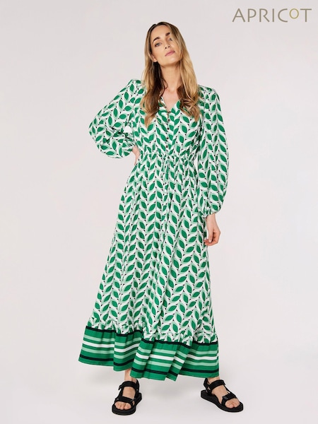 Apricot Green & White Geo Leaves Border Wrap Dress (185547) | €30