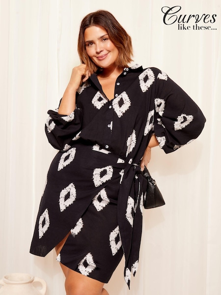 Curves Like These Cotton Linen Mix Tie Side Button Through Shirt Dress (185640) | 200 LEI