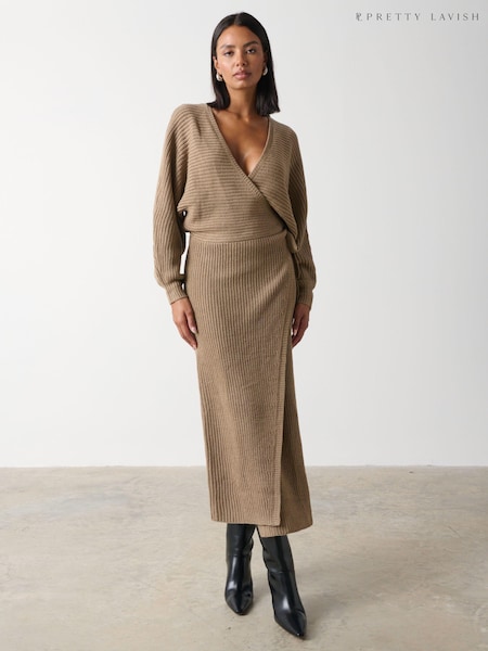 Pretty Lavish Brown Aidan Contrast Knit Wrap Midi Dress (185766) | €20