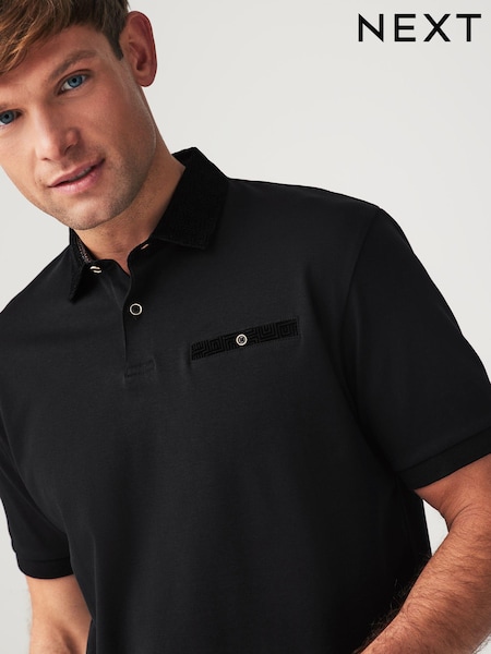 Black Flocked 100% Cotton Short Sleeve Smart Collar Polo Shirt (185948) | AED65