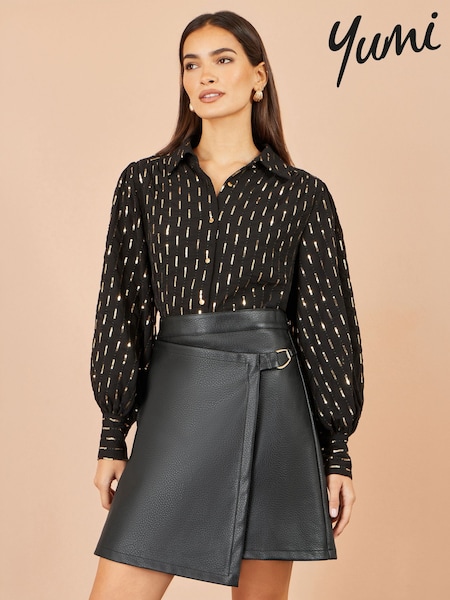 Black - Yumi Faux Leather Wrap Skirt