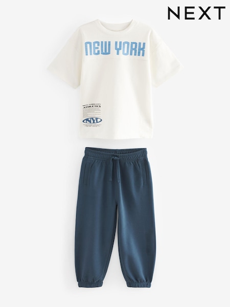 Ecru/Navy Relaxed Fit Varsity Short Sleeve 100% Cotton T-Shirt and Jogger Set (3-16yrs) (186753) | AED67 - AED95