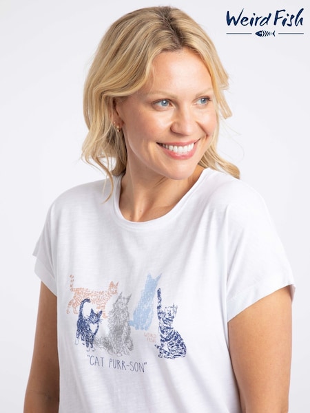 Ağ - Weird Fish Meow Front Print Graphic T-shirt