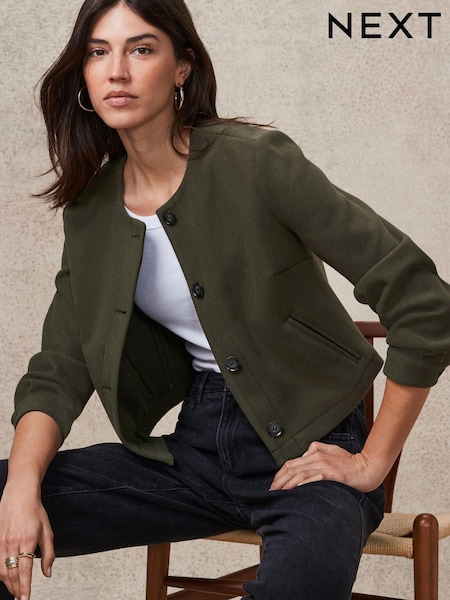 Khaki Green Brushed Collarless Buttoned Jacket (188968) | €30