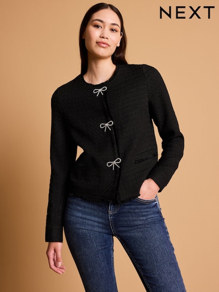 Black Boucle Collarless Bow Button Jacket (189005) | €12