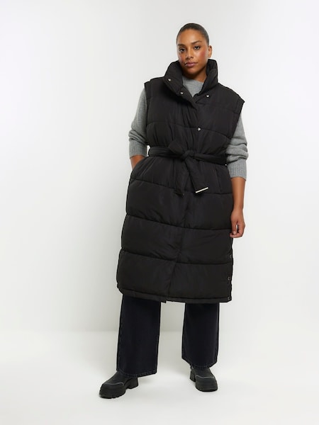 River Island Black Plus Belted Long Line Padded Gilet (189068) | €34