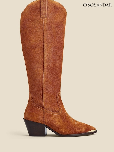 Sosandar Suede Tab Detail Knee High Western Boots With Metal Trim (190860) | €260