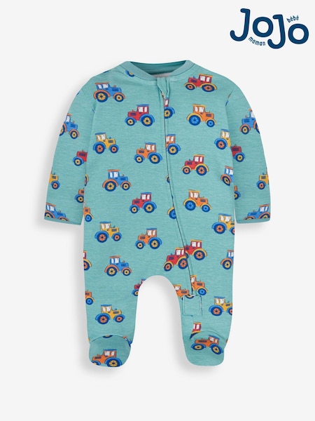 JoJo Maman Bébé Teal Tractor Print Zip Cotton Baby Sleepsuit (190930) | €32