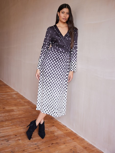 Monochrome Check Print Long Sleeve Wrap Midi Dress (191101) | €32