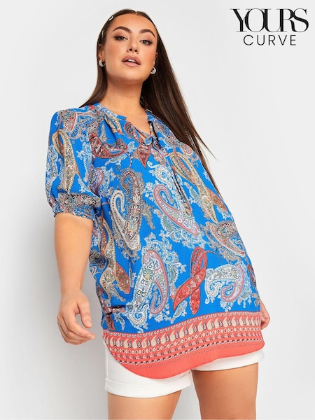 Yours Curve Blue Floral Print Tie Neck Blouse (191223) | $44